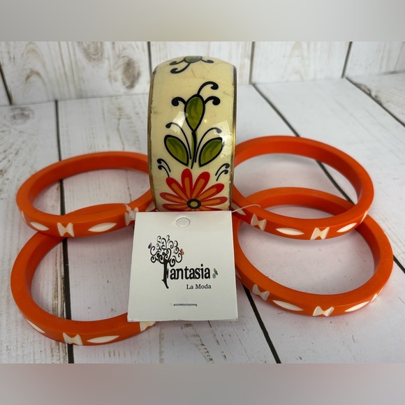 Carved Painted Wooden Bangle Bracelets Set Of 5 Orange Boho Floral Festival - Picture 2 of 5